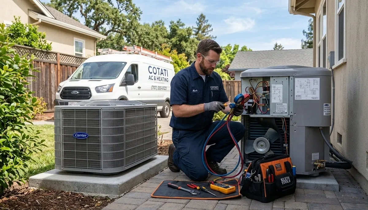Professional AC repair technician servicing air conditioner in Santa Rosa, CA home