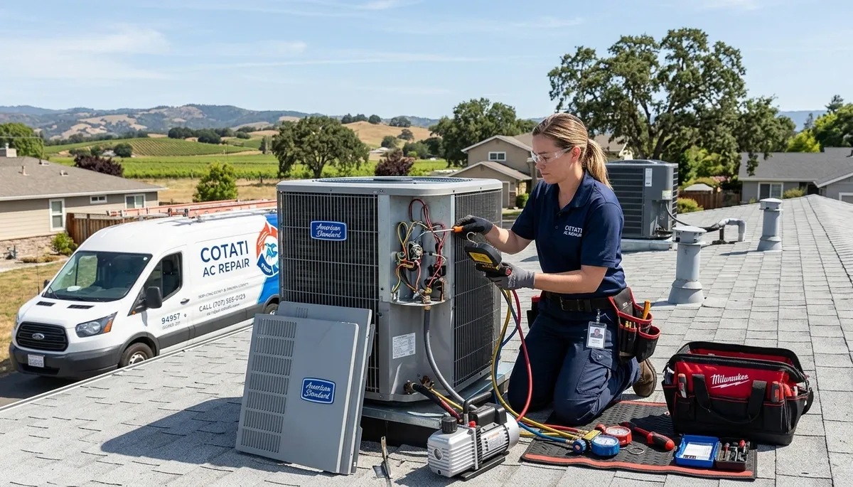 HVAC technician performing AC repair service in Santa Rosa, CA home