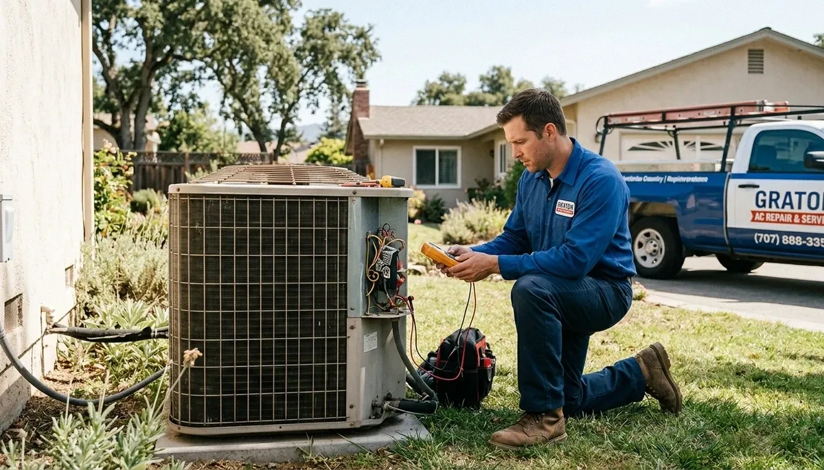 Professional AC repair technician servicing air conditioner unit in Santa Rosa, CA