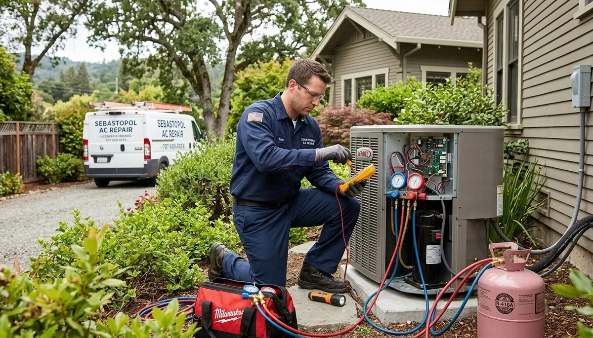 HVAC technician performing residential AC repair service in Santa Rosa, CA