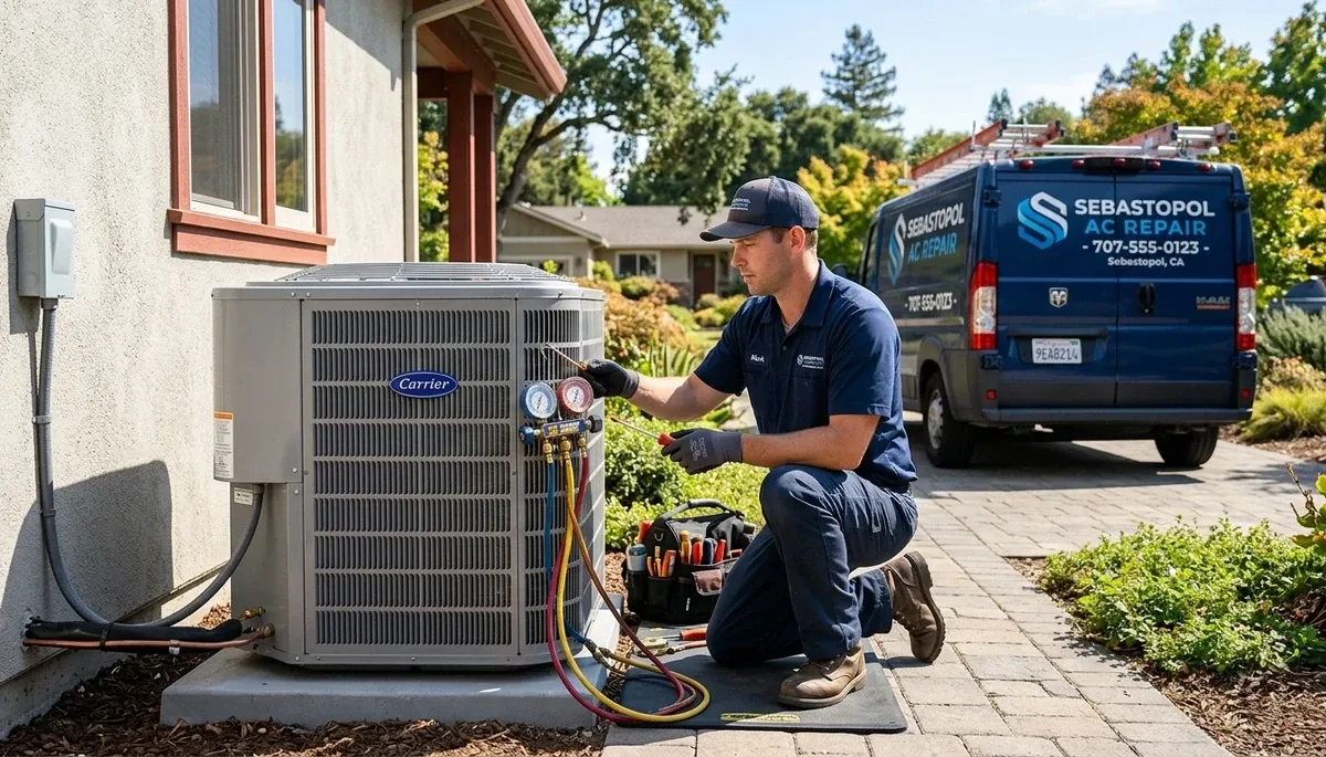 HVAC technician performing AC repair service in Santa Rosa, CA home