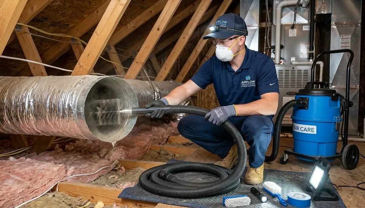 Technician cleaning air ducts for HVAC system in Santa Rosa, CA – Five Star Cooling air duct service