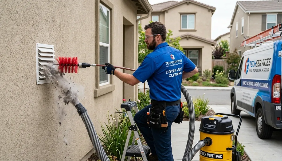 Technician cleaning dryer vent for improved airflow in Santa Rosa, CA home