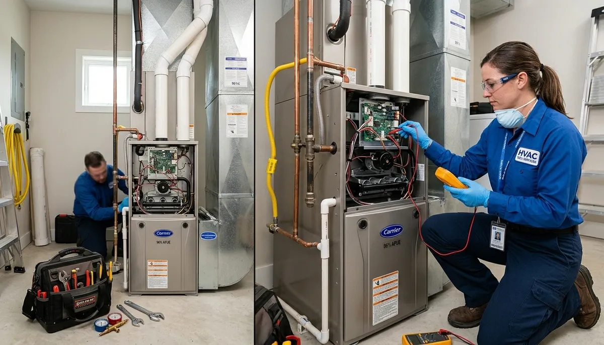 Technician performing furnace and heating repair service in Santa Rosa, CA home