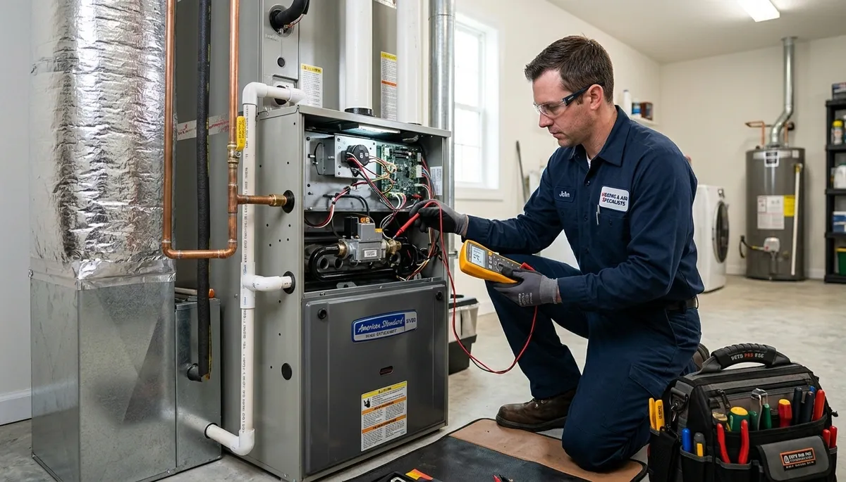 Technician performing heating repair on furnace in Santa Rosa, CA home