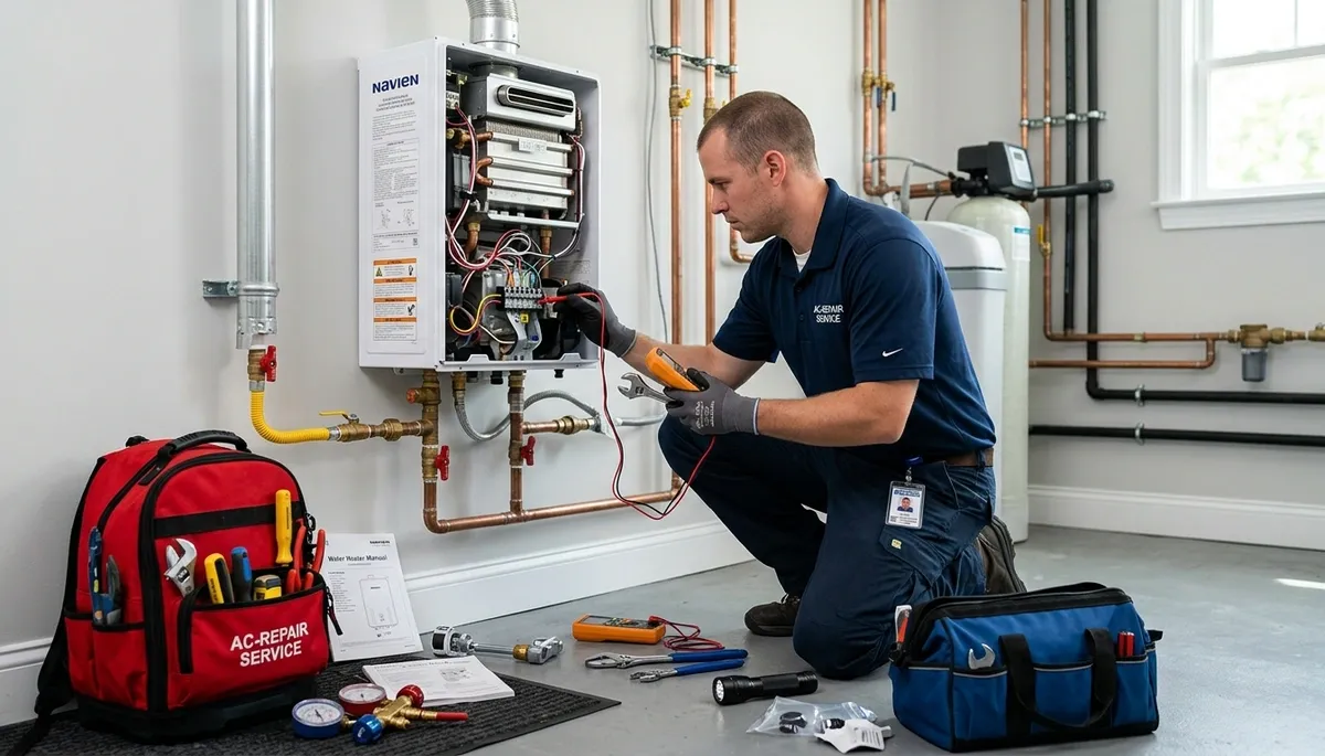 Technician repairing water heater unit in Santa Rosa, CA home for Five Star Cooling service page