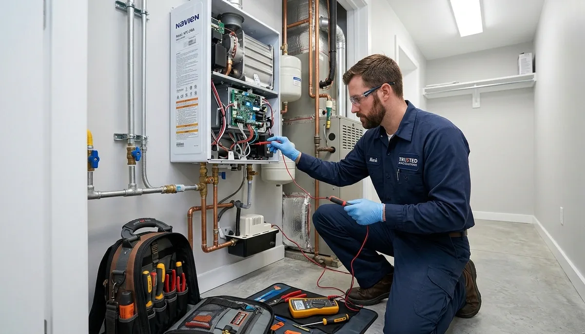 Technician repairing residential water heater unit in Santa Rosa, CA for Five Star Cooling service